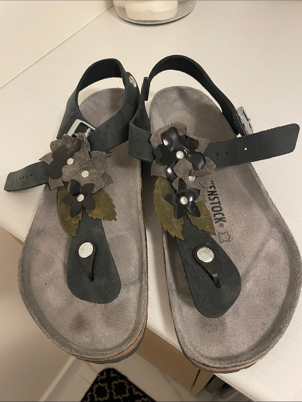 Birkenstock Navy Blue Floral Thong Sandals with Olive Leaf Accents